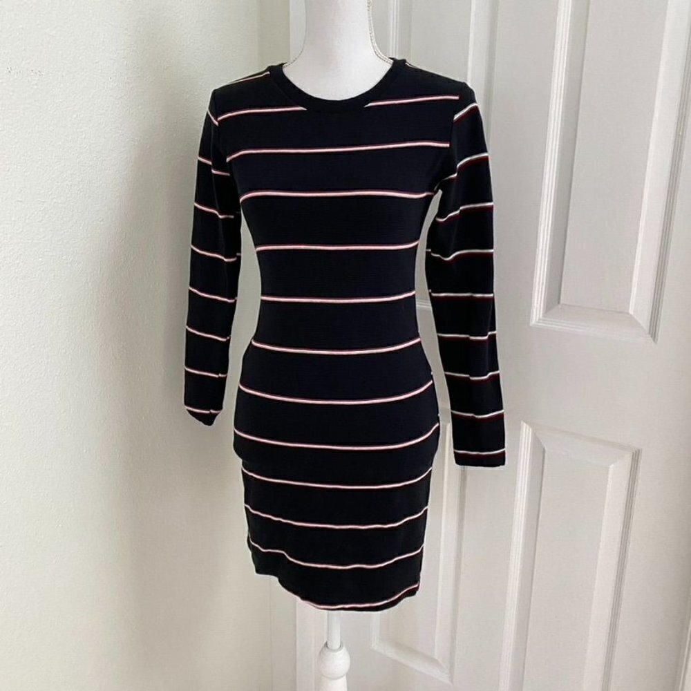Boutique Brand Ribbed Long Sleeve Stripe Dress Size Med Preppy Collegiate Fitted